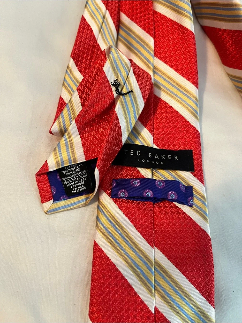 Ted Baker Red Striped Tie with Cream and Gold Bands